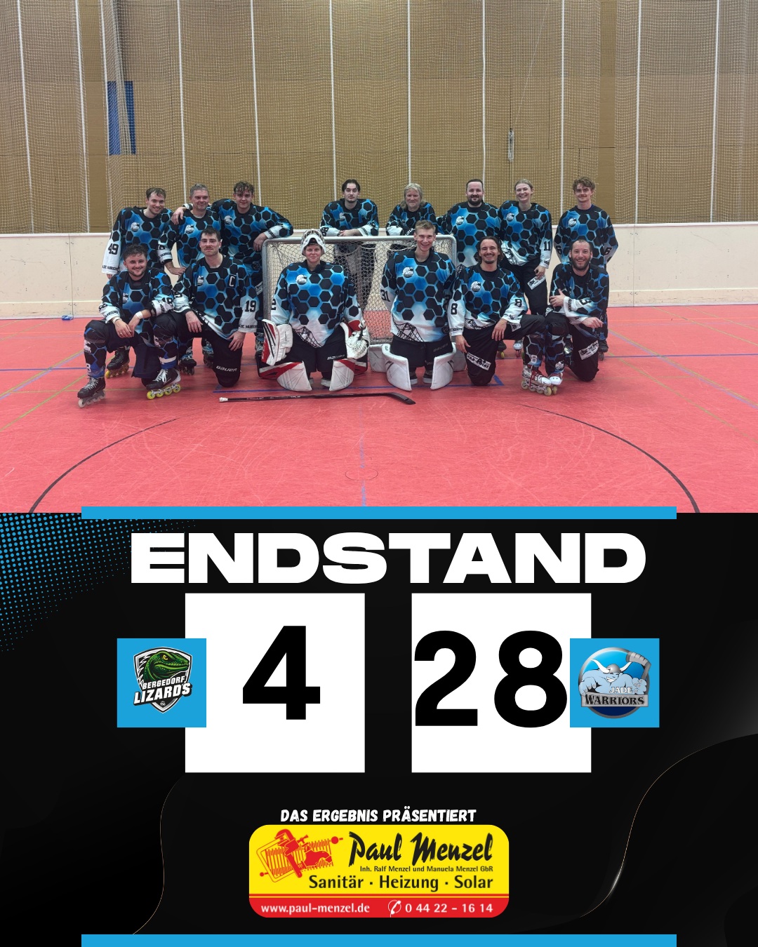 🏒🔥 AUSWÄRTSSIEG FÜR DIE JADE WARRIORS! 🔥🏒

Das letzte Auswärtsspiel der Saison ist gespielt – und wir holen uns einen deutlichen 28:4-Sieg gegen die Bergedorf Lizards! 💪💙

Von Anfang an konzentriert und als Team geschlossen, konnten wir das Spiel über weite Strecken bestimmen und am Ende einen souveränen Auswärtssieg einfahren. 🙌⚡

Damit ist unsere Auswärtssaison abgeschlossen! 🚍🏒

Aber die Saison ist noch nicht vorbei! 👀🔥

🏠 Zwei Heimspiele stehen noch an!
Wir freuen uns darauf, die letzten beiden Spiele gemeinsam mit euch in eigener Halle zu bestreiten. 

Vielen Dank an alle für eure Unterstützung! 🙏👏

Noch zweimal Heimspiel – wir sehen uns in der Halle! 🏒🔥